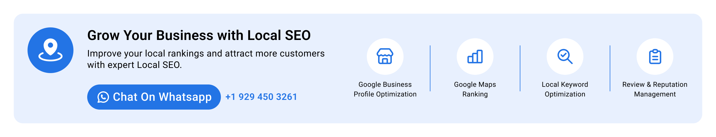 Grow your business with Local SEO. Chat on WhatsApp +1 929 450 3261.
